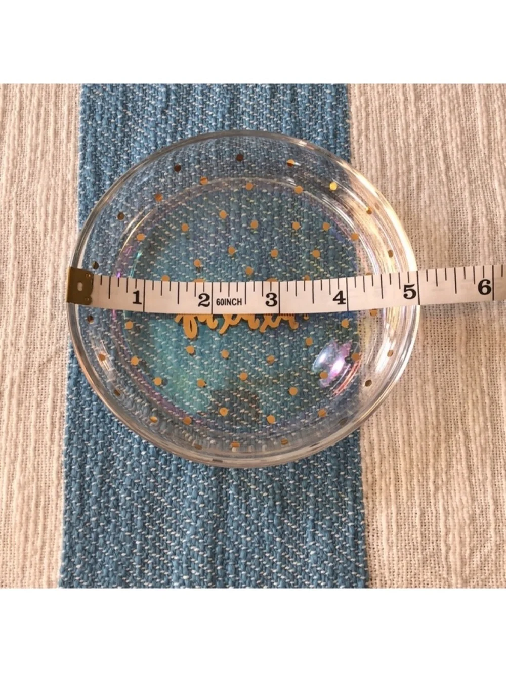'Fa La La!' Round Iridescent Glass Trinket Dish Gold Polka Dots & Lettering 5”